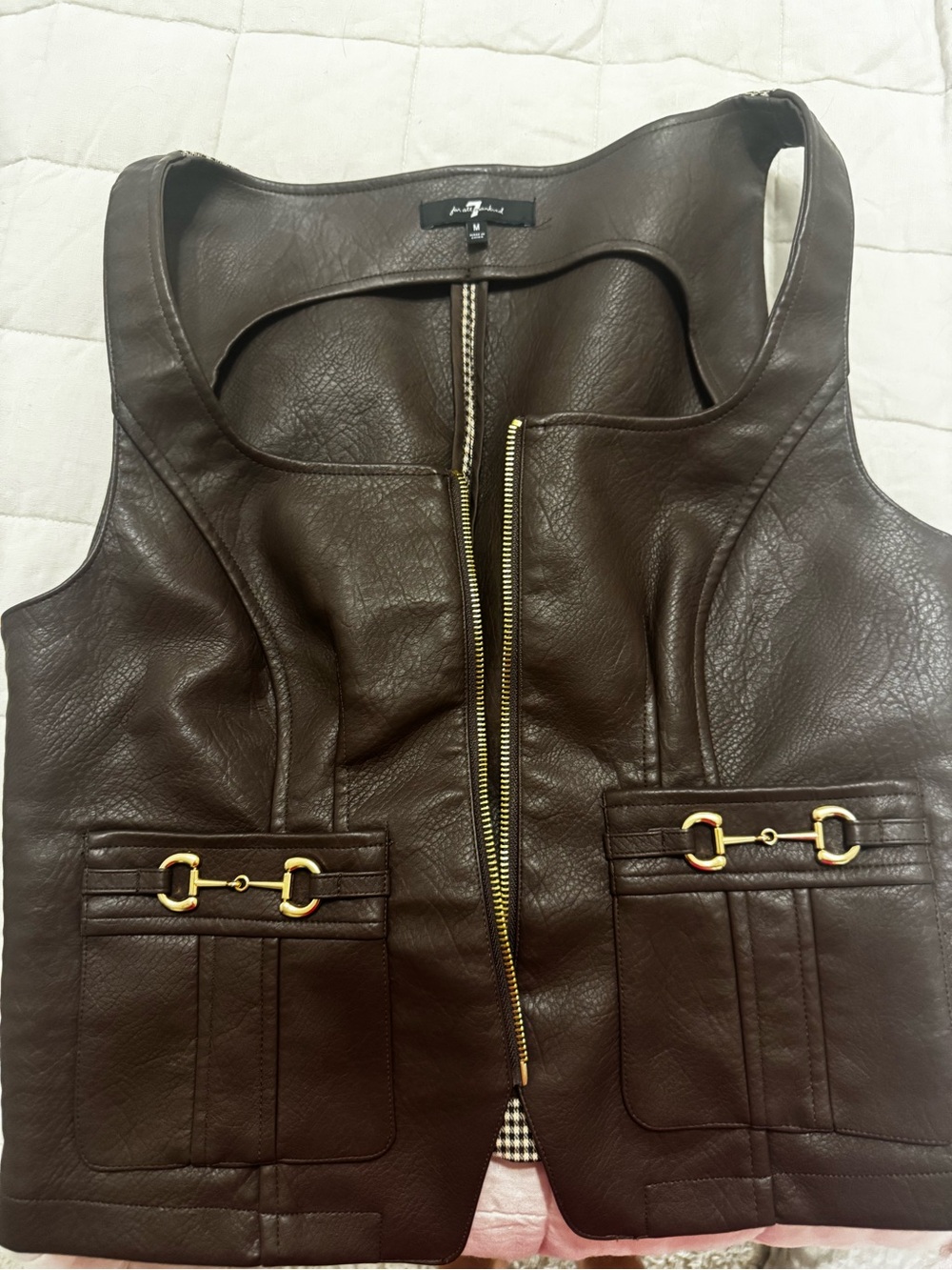 7 For All Mankind Dark Brown Faux Leather Sleeveless Zip Vest with Gold Hardware